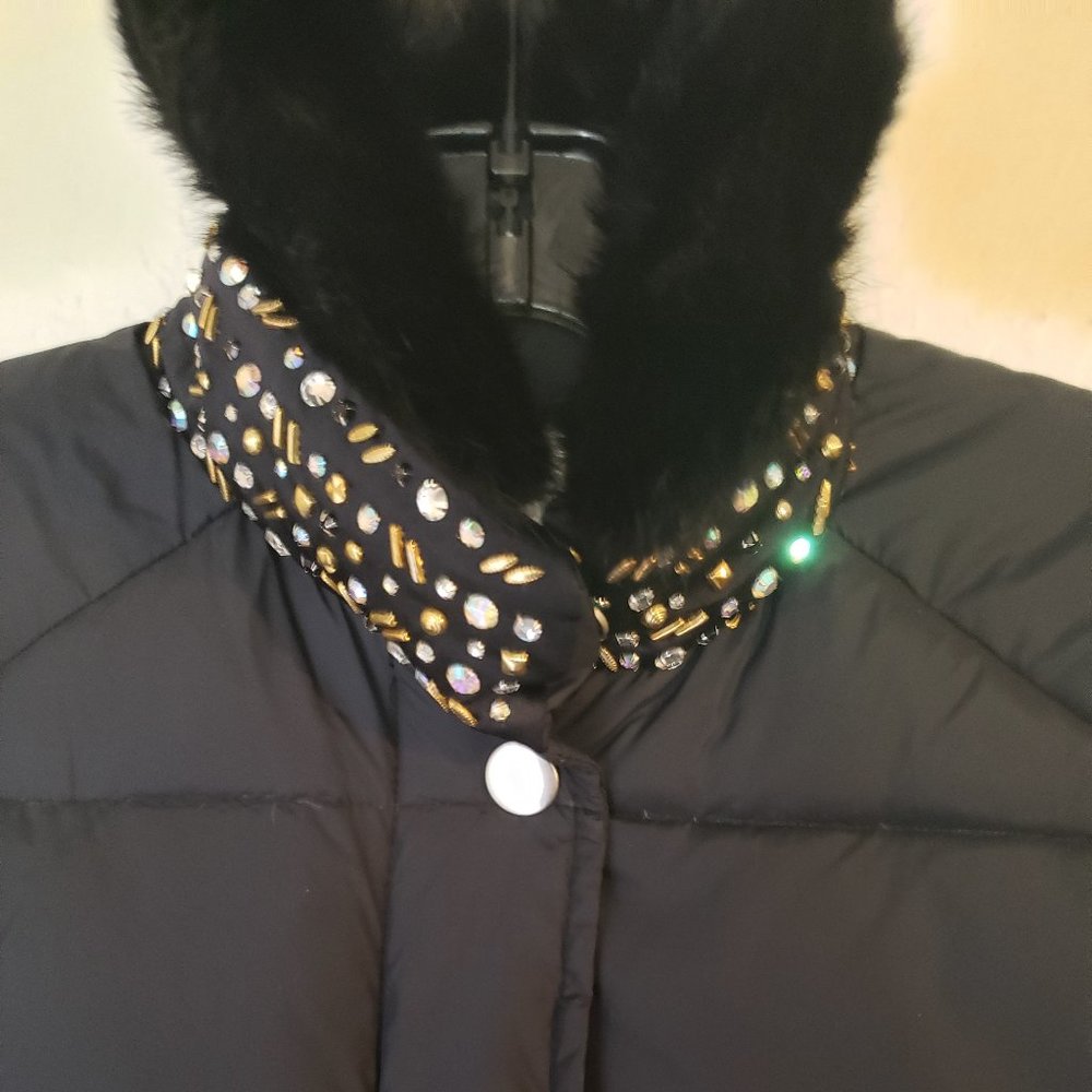 NWT - LaRok - Designer Black Puffer Vest With Rhinestone/Faux Fur Collar S-S